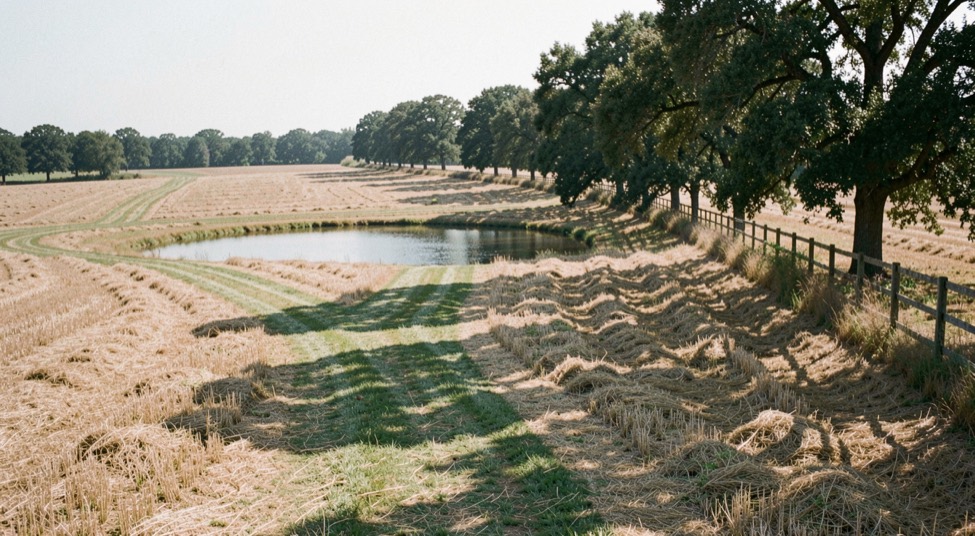 A club field at mid morning, low sun across mown grass, a row of numbered cones and a folded mat beside a water bowl, a handler crouched at the edge of frame with a leash slack on the ground.