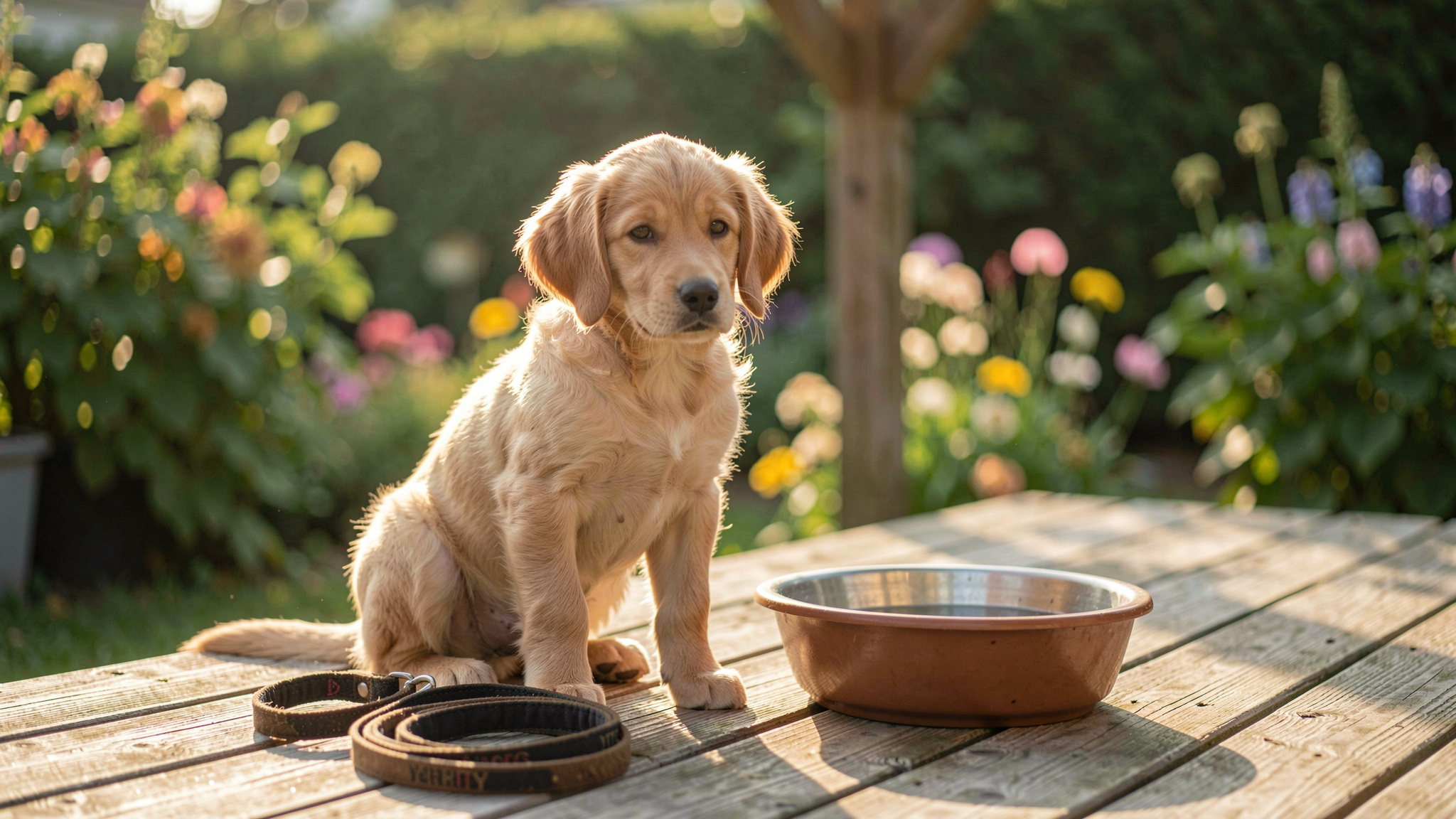 A young retriever sitting on a wooden deck beside a water bowl in late afternoon light, leash coiled nearby, garden blurred behind.'s hand turning a smallmouth bass side on above a wet rock ledge at first light, jaw line level with the camera, river current blurred behind.