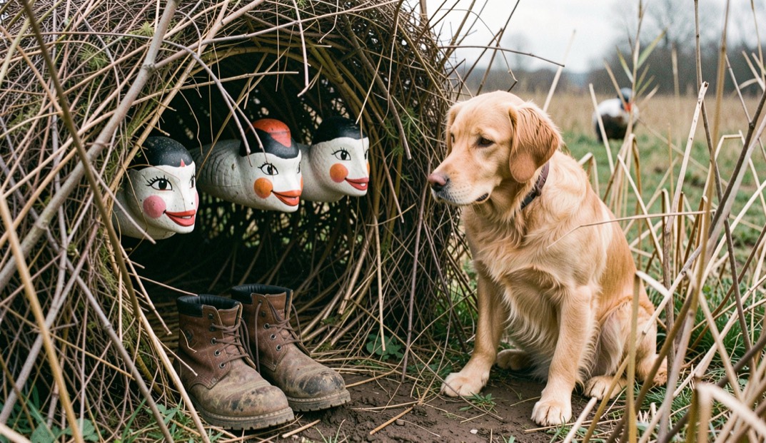 A retriever crouched beside a pair of boots in a brush covered blind, the painted faces of decoys visible through the reeds