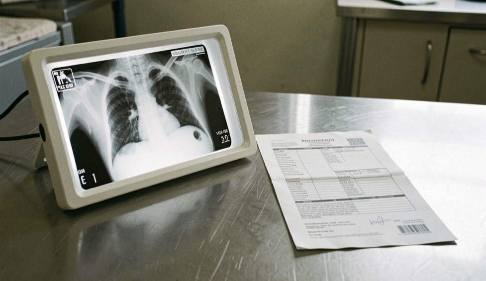 A veterinary radiography room in flat morning light, a developed elbow radiograph clipped to a light box on the left, a pen and a paper scoring form on the desk in the foreground, shot from slightly above at a three quarter angle.