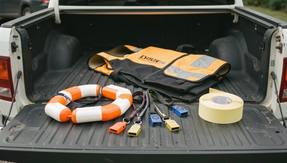 A tailgate spread of training gear: whistles on lanyards, orange and white bumpers, a folded vest and a roll of surveyor tape