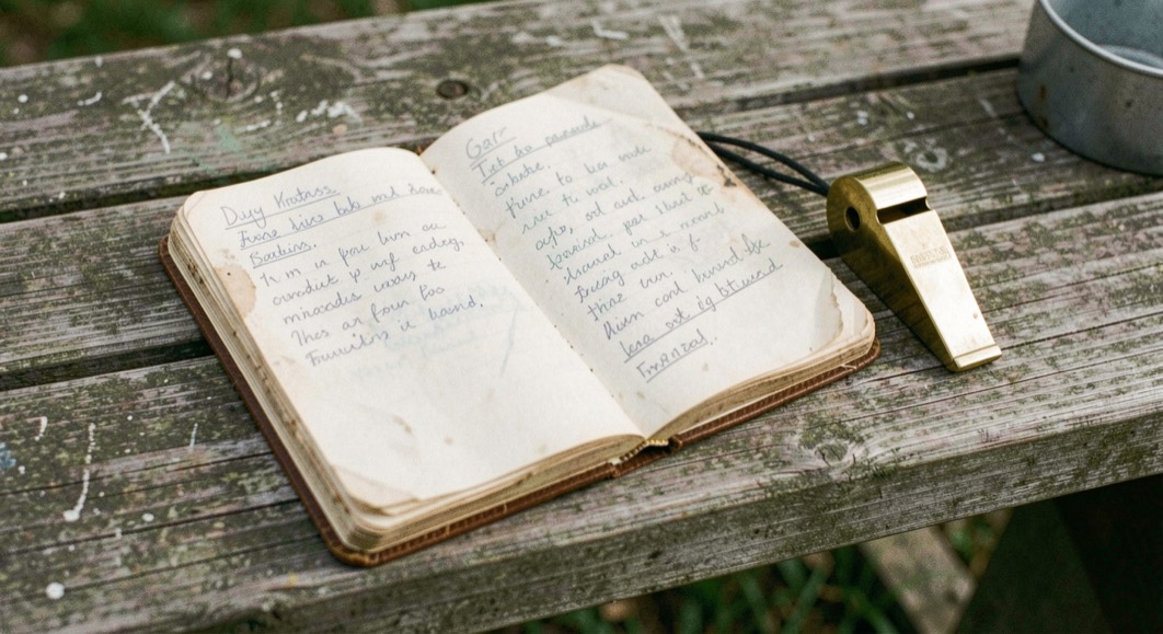 A worn pocket notebook filled with pencil annotations lying open beside a brass whistle on a weathered picnic table