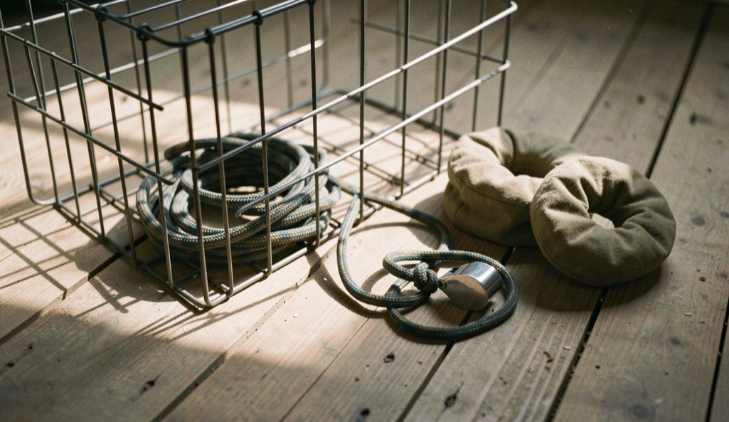 A wire crate, a coiled check cord, three canvas bumpers and a whistle laid out on a plank floor in raking window light