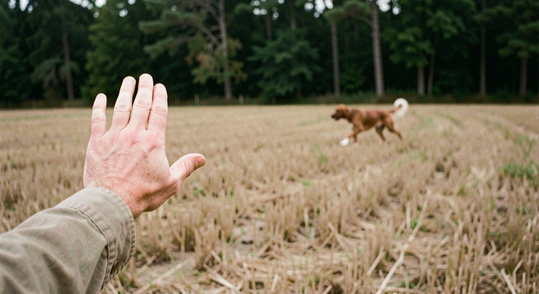 A handler hand raised in a casting signal at the edge of a stubble field, a distant retriever mid stride toward the tree line