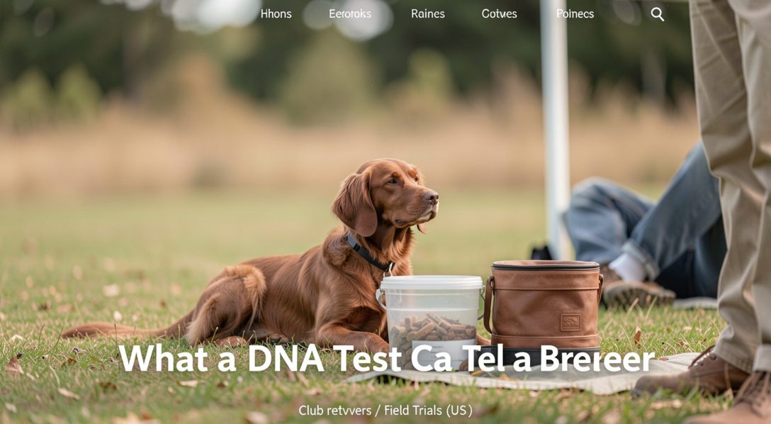 A cheek swab kit open on a veterinary clinic counter beside a pedigree folder and a pen, a retriever waiting out of focus beyond